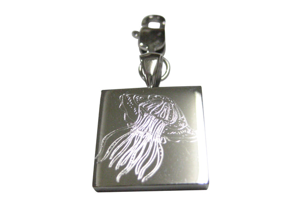 Silver Toned Square Etched Jellyfish Pendant Zipper Pull Charm