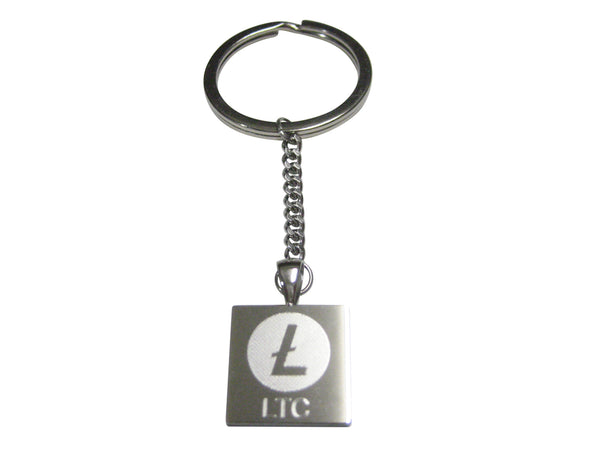 Silver Toned Square Etched Litecoin Coin Cryptocurrency Blockchain Pendant Keychain
