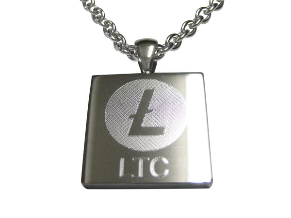 Silver Toned Square Etched Litecoin Coin Cryptocurrency Blockchain Pendant Necklace