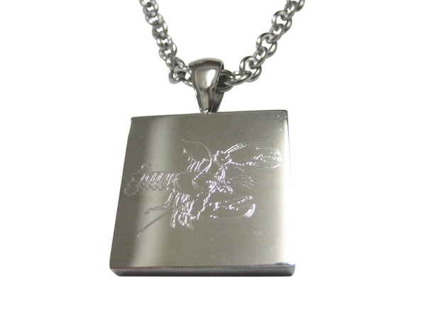 Silver Toned Square Etched Lobster Pendant Necklace
