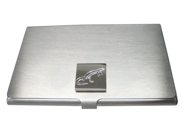 Silver Toned Square Etched Newt Gecko Lizard Business Card Holder