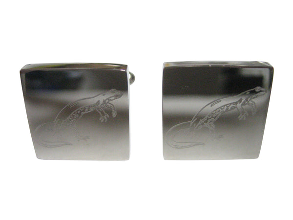 Silver Toned Square Etched Newt Gecko Lizard Cufflinks