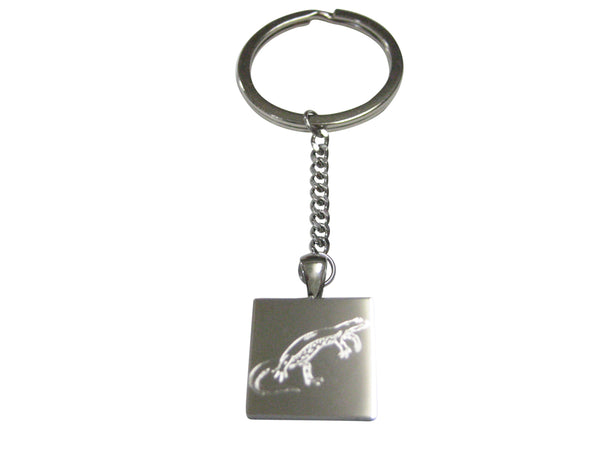 Silver Toned Square Etched Newt Gecko Lizard Pendant Keychain