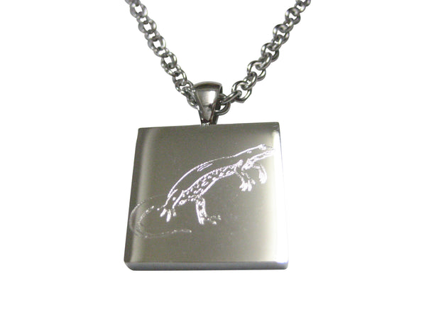 Silver Toned Square Etched Newt Gecko Lizard Pendant Necklace