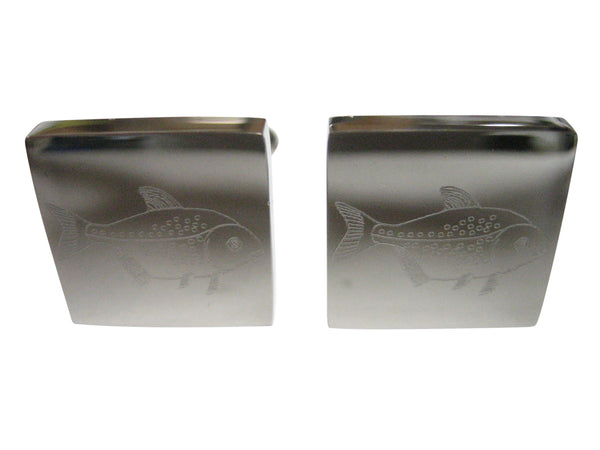 Silver Toned Square Etched Piranha Pirana Fish Cufflinks
