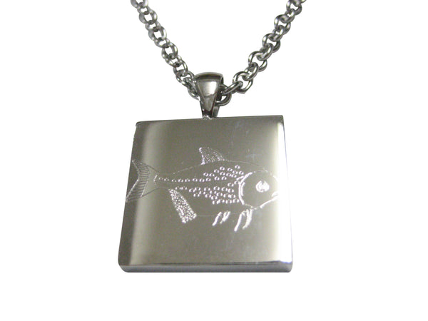 Silver Toned Square Etched Piranha Pirana Fish Pendant Necklace