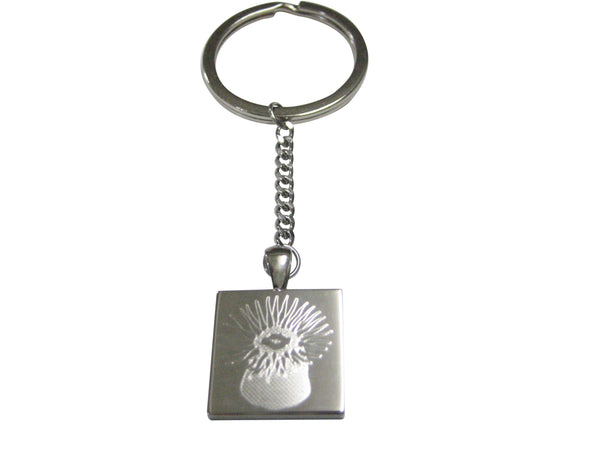 Silver Toned Square Etched Sea Anemone Pendant Keychain
