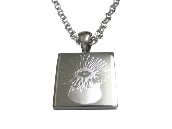 Silver Toned Square Etched Sea Anemone Pendant Necklace