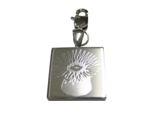 Silver Toned Square Etched Sea Anemone Pendant Zipper Pull Charm