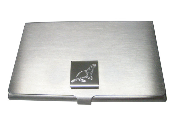Silver Toned Square Etched Sea Lion Business Card Holder