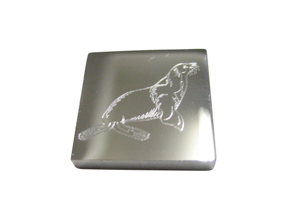 Silver Toned Square Etched Sea Lion Magnet