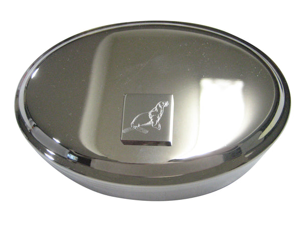 Silver Toned Square Etched Sea Lion Oval Trinket Jewelry Box