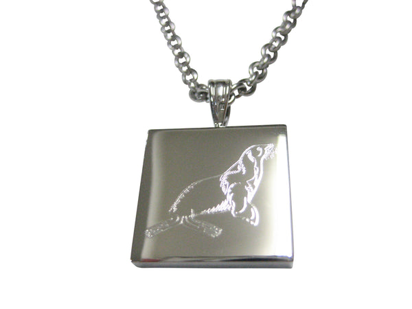 Silver Toned Square Etched Sea Lion Pendant Necklace