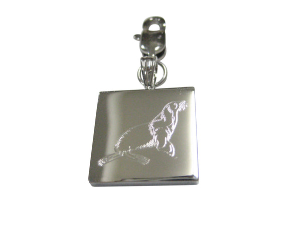 Silver Toned Square Etched Sea Lion Pendant Zipper Pull Charm
