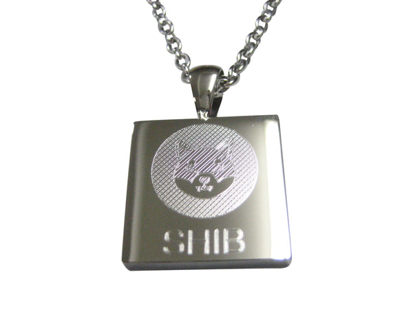 Silver Toned Square Etched Shiba Inu Coin SHIB Cryptocurrency Blockchain Pendant Necklace