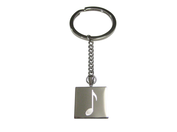 Silver Toned Square Etched Single Quaver Musical Note Pendant Keychain