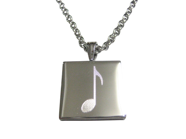 Silver Toned Square Etched Single Quaver Musical Note Pendant Necklace