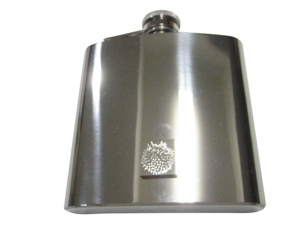 Silver Toned Square Etched Spikey Puffer Fish Fugu Blowfish 6oz Flask
