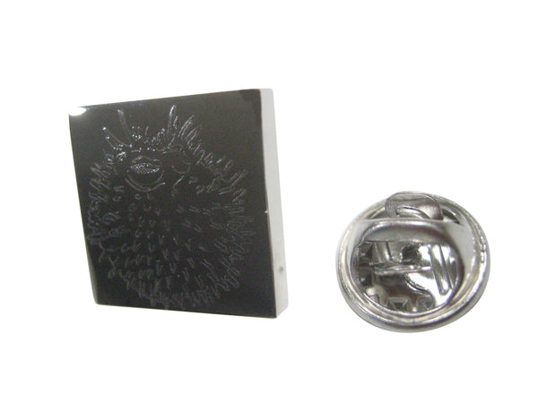 Silver Toned Square Etched Spikey Puffer Fish Fugu Blowfish Lapel Pin