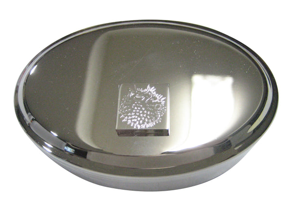 Silver Toned Square Etched Spikey Puffer Fish Fugu Blowfish Oval Trinket Jewelry Box