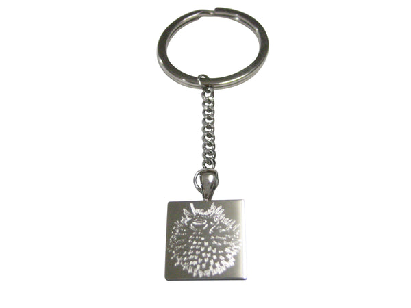 Silver Toned Square Etched Spikey Puffer Fish Fugu Blowfish Pendant Keychain