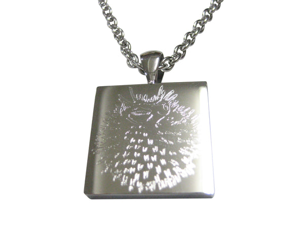 Silver Toned Square Etched Spikey Puffer Fish Fugu Blowfish Pendant Necklace