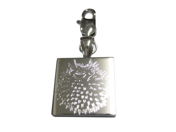 Silver Toned Square Etched Spikey Puffer Fish Fugu Blowfish Pendant Zipper Pull Charm
