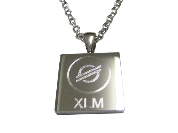 Silver Toned Square Etched Stellar Lumens Coin XLM Cryptocurrency Blockchain Pendant Necklace