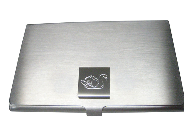 Silver Toned Square Etched Swan Bird Business Card Holder