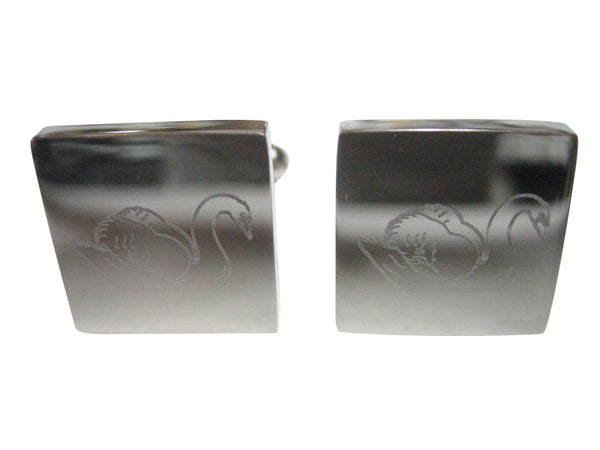 Silver Toned Square Etched Swan Bird Cufflinks