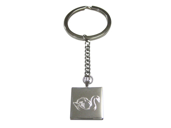 Silver Toned Square Etched Swan Bird Pendant Keychain