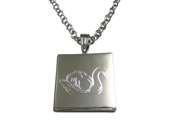 Silver Toned Square Etched Swan Bird Pendant Necklace