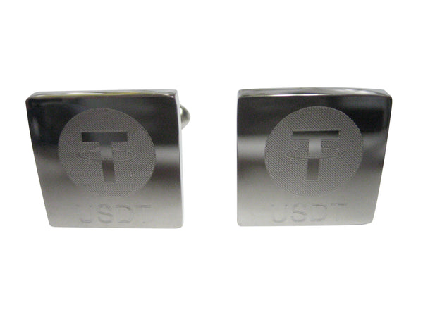 Silver Toned Square Etched Tether Coin Cryptocurrency Blockchain Cufflinks