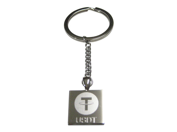 Silver Toned Square Etched Tether Coin Cryptocurrency Blockchain Pendant Keychain
