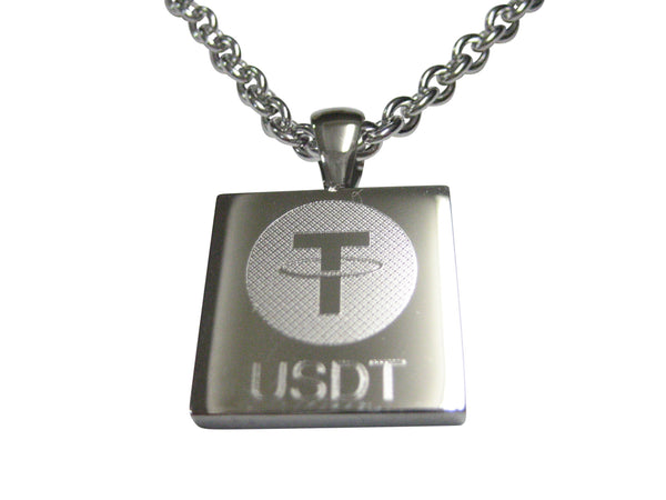 Silver Toned Square Etched Tether Coin Cryptocurrency Blockchain Pendant Necklace
