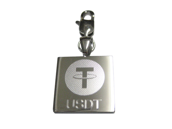Silver Toned Square Etched Tether Coin Cryptocurrency Blockchain Pendant Zipper Pull Charm