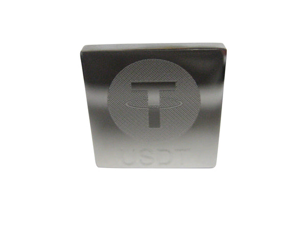 Silver Toned Square Etched Tether Stable Coin USDT Cryptocurrency Blockchain Adjustable Size Ring