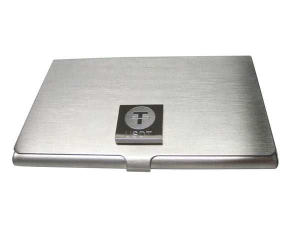 Silver Toned Square Etched Tether Stable Coin USDT Cryptocurrency Blockchain Business Card Holder
