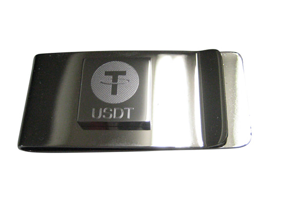Silver Toned Square Etched Tether Stable Coin USDT Cryptocurrency Blockchain Money Clip