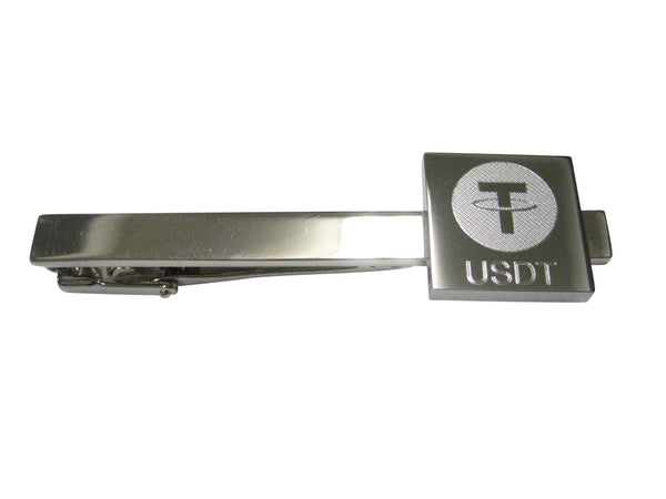 Silver Toned Square Etched Tether Stable Coin USDT Cryptocurrency Blockchain Tie Clip