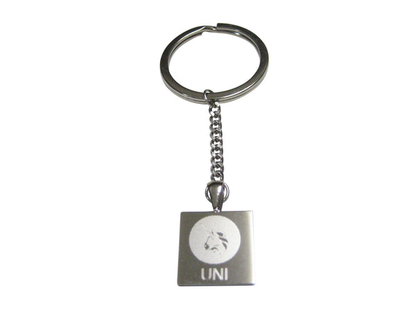 Silver Toned Square Etched Uniswap Coin Cryptocurrency Blockchain Pendant Keychain