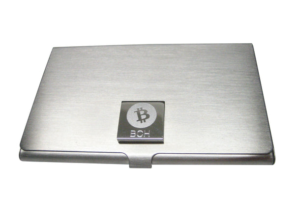 Silver Toned Square Pendant Etched Bitcoin Cash Coin Cryptocurrency Blockchain Business Card Holder