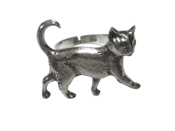 Silver Toned Textured Walking Cat Adjustable Size Fashion Ring