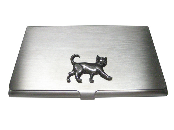 Silver Toned Textured Walking Cat Business Card Holder