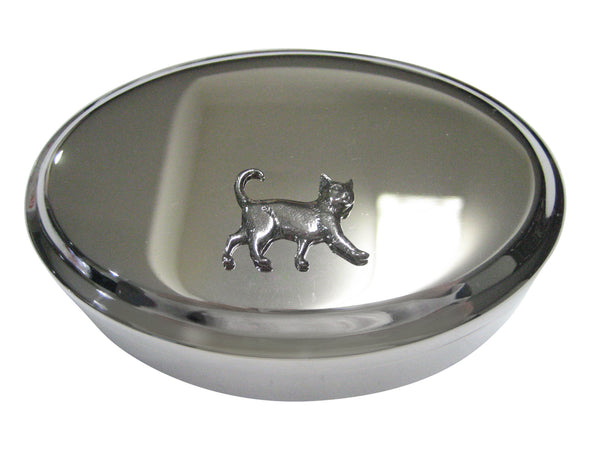 Silver Toned Textured Walking Cat Oval Trinket Jewelry Box