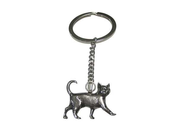 Silver Toned Textured Walking Cat Pendant Keychain