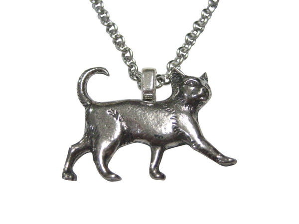Silver Toned Textured Walking Cat Pendant Necklace