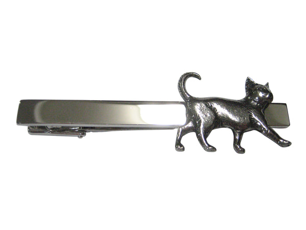 Silver Toned Textured Walking Cat Tie Clip