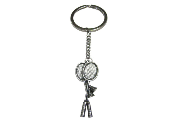 Silver Toned Badminton Racquets With Shuttlecock Pendant Keychain