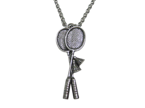 Silver Toned Badminton Racquets With Shuttlecock Pendant Necklace